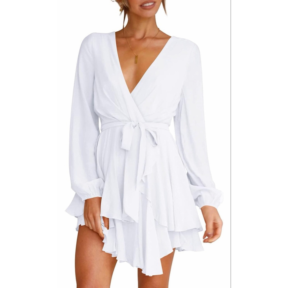 NEW Deep V-Neck Long Sleeve Belted Ruffle Mini Swing Dress S